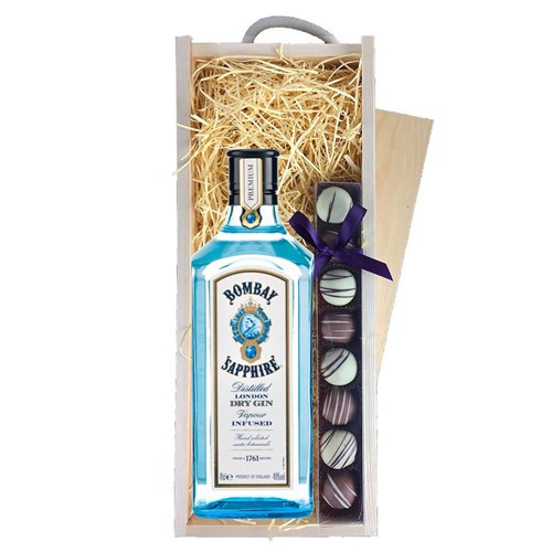 Bombay Sapphire Gin 70cl & Heart Truffles, Wooden Box